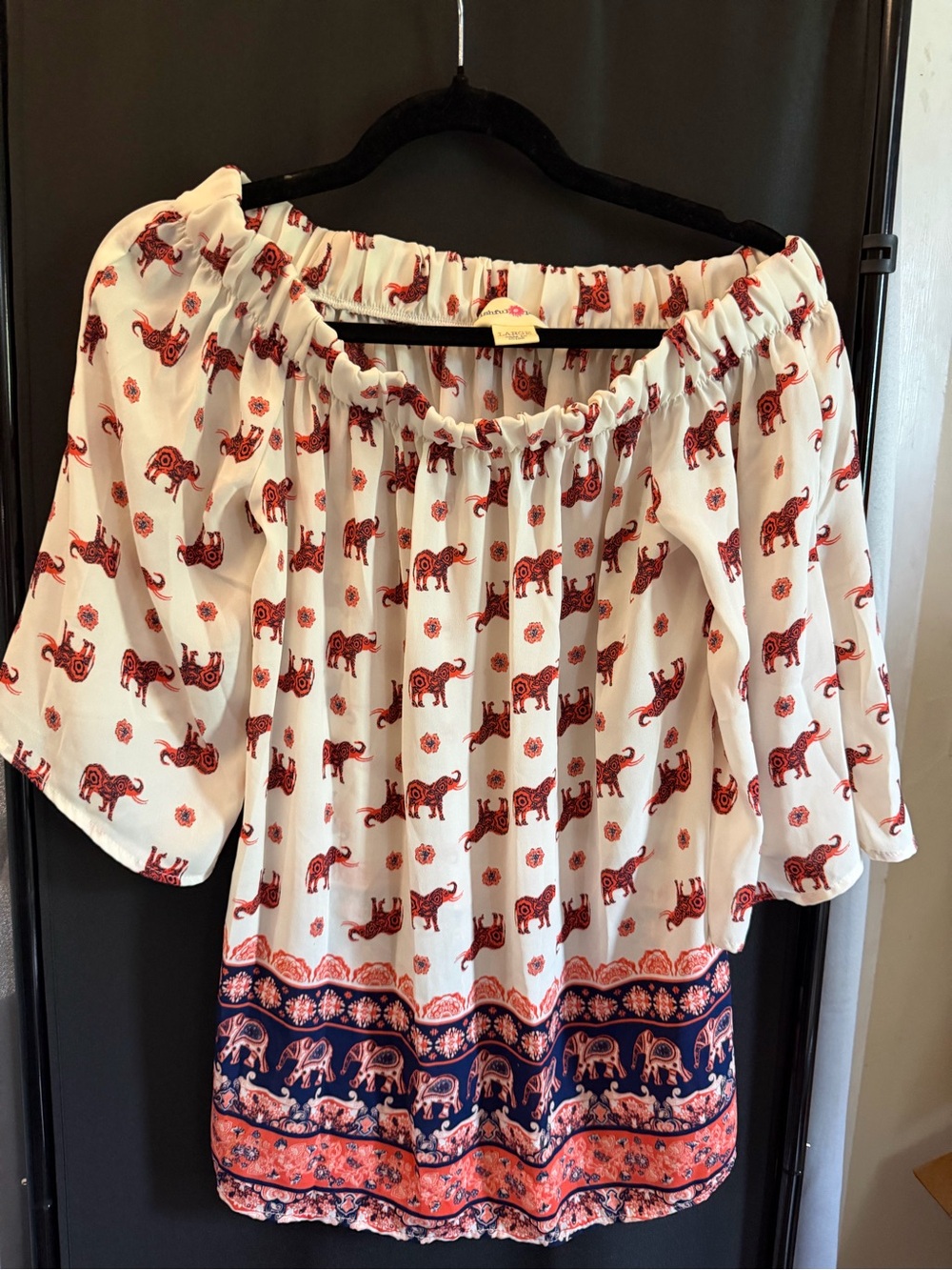 Wishful Park White Off-Shoulder Elephant Print Tunic — Red & Navy